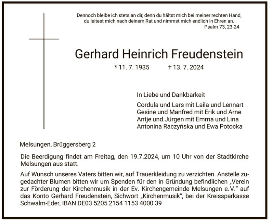 Traueranzeige Gerd Freudenstein
