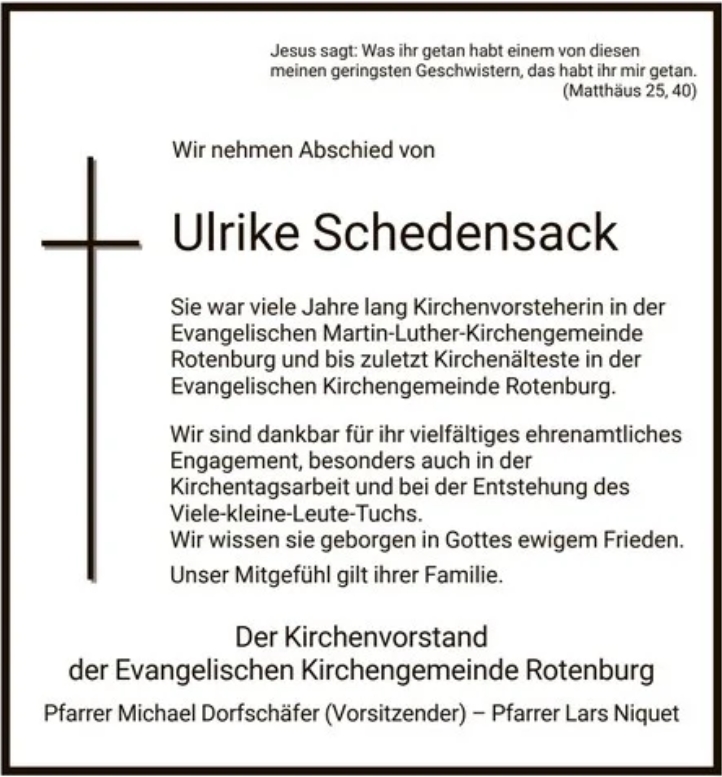 Traueranzeige Ulrike Schedensack Kirchengemeinde